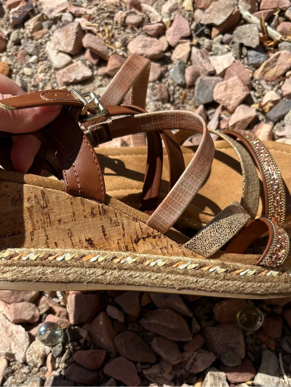 Abruce 7.5 Rhinestone Sandals Bronze Rose Gold Rope Cork 3” Wedge Heel